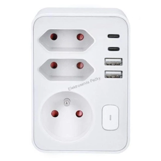 Rozbočka 1x16A+2x2,5A 2xUSB-C A+C rychlonabíječka 20W